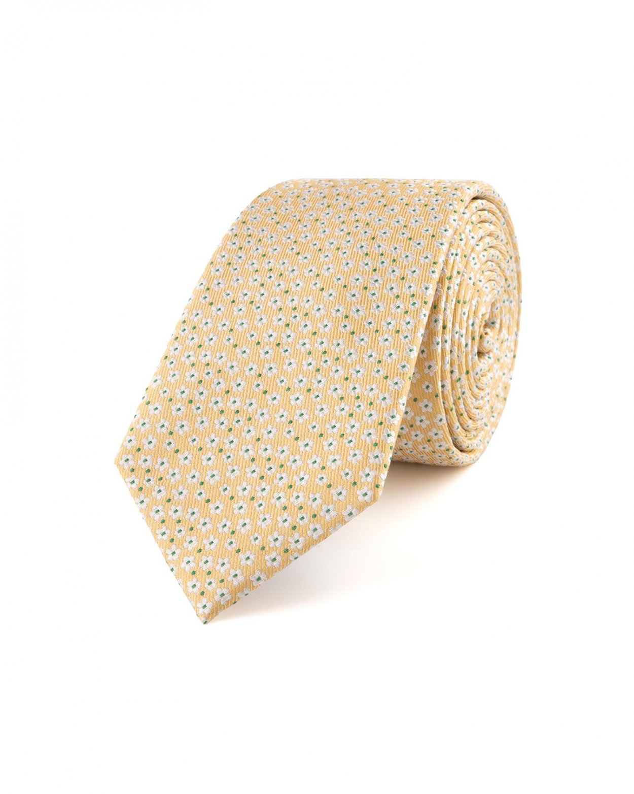 Žlutá hedvábná kravata s květinovým vzorem