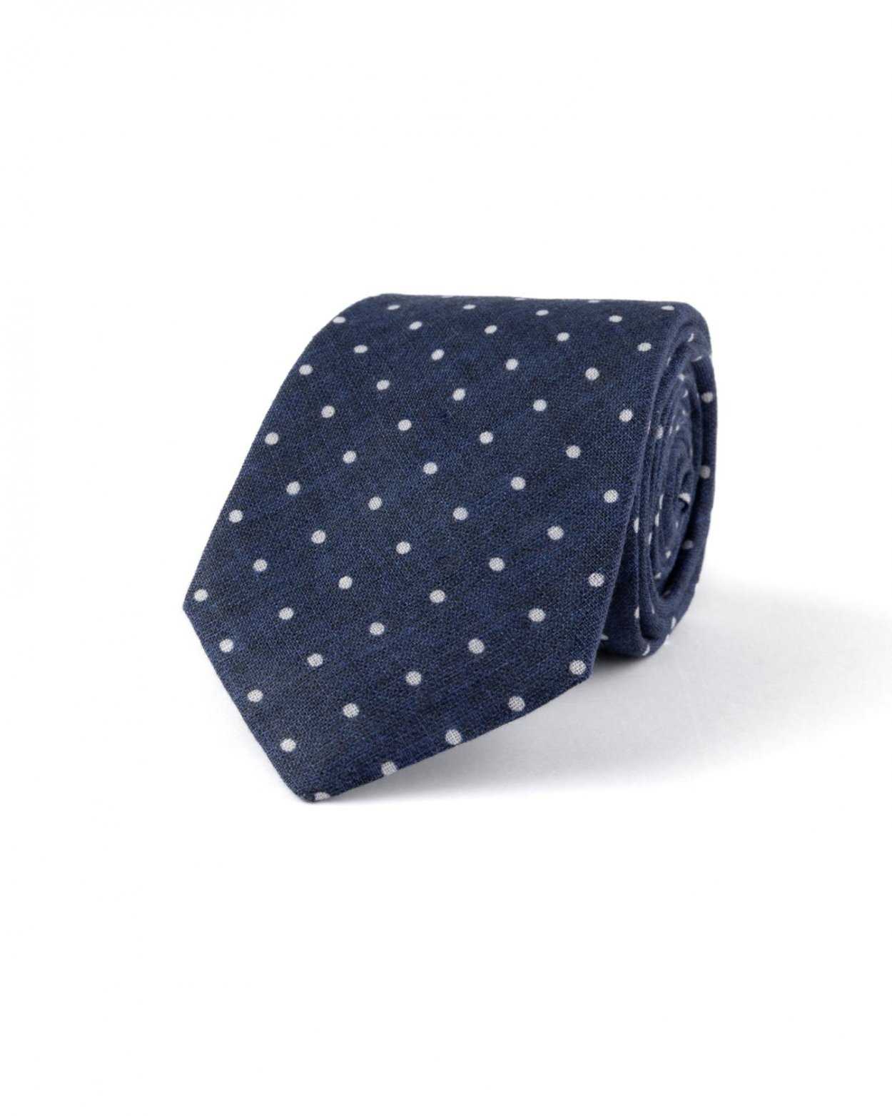 Tmavě modrá lněná kravata s puntíkem