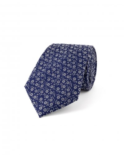 Tmavě modrá hedvábná kravata s květinovým vzorem