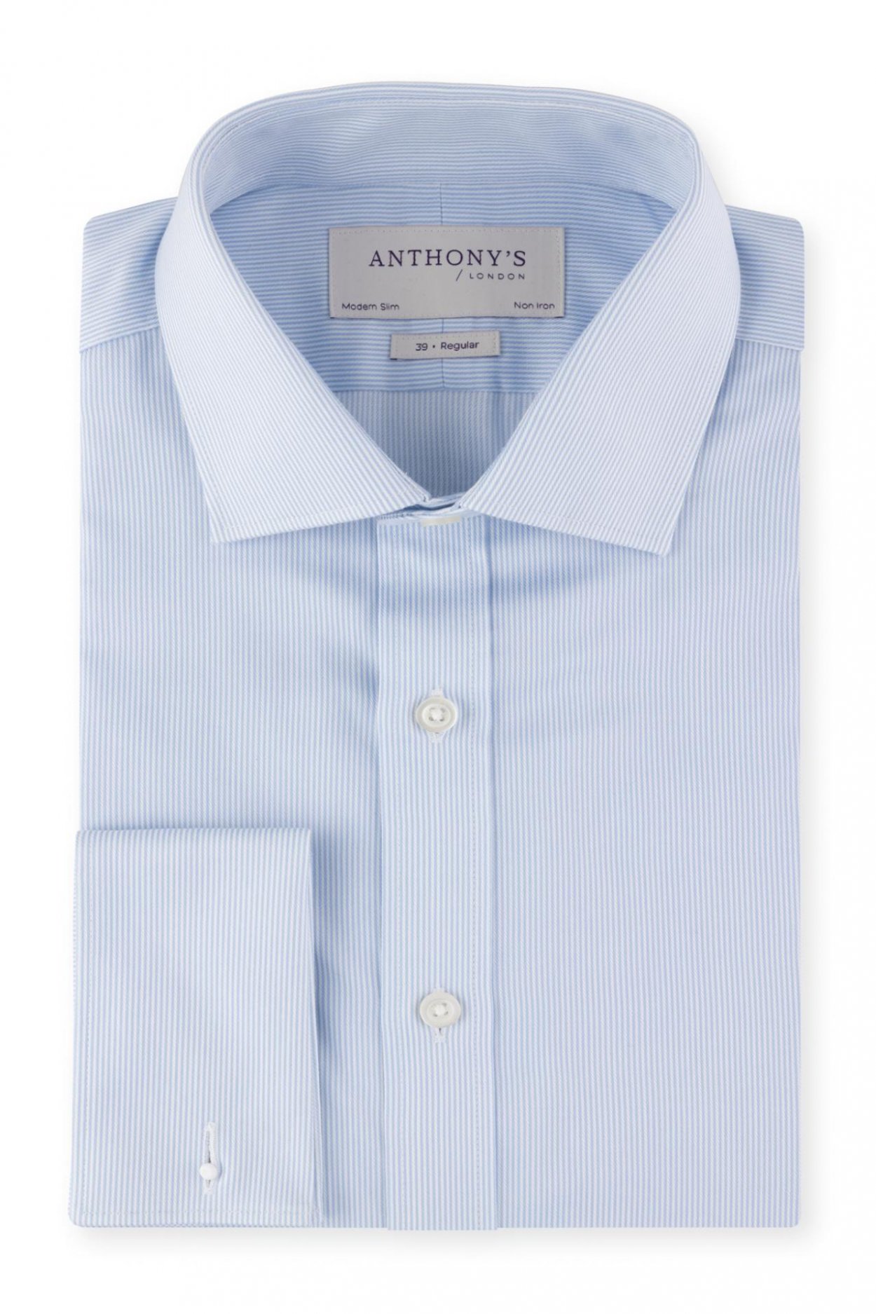 Pánská modrá non-iron košile s jemným proužkem na manžetové knoflíčky