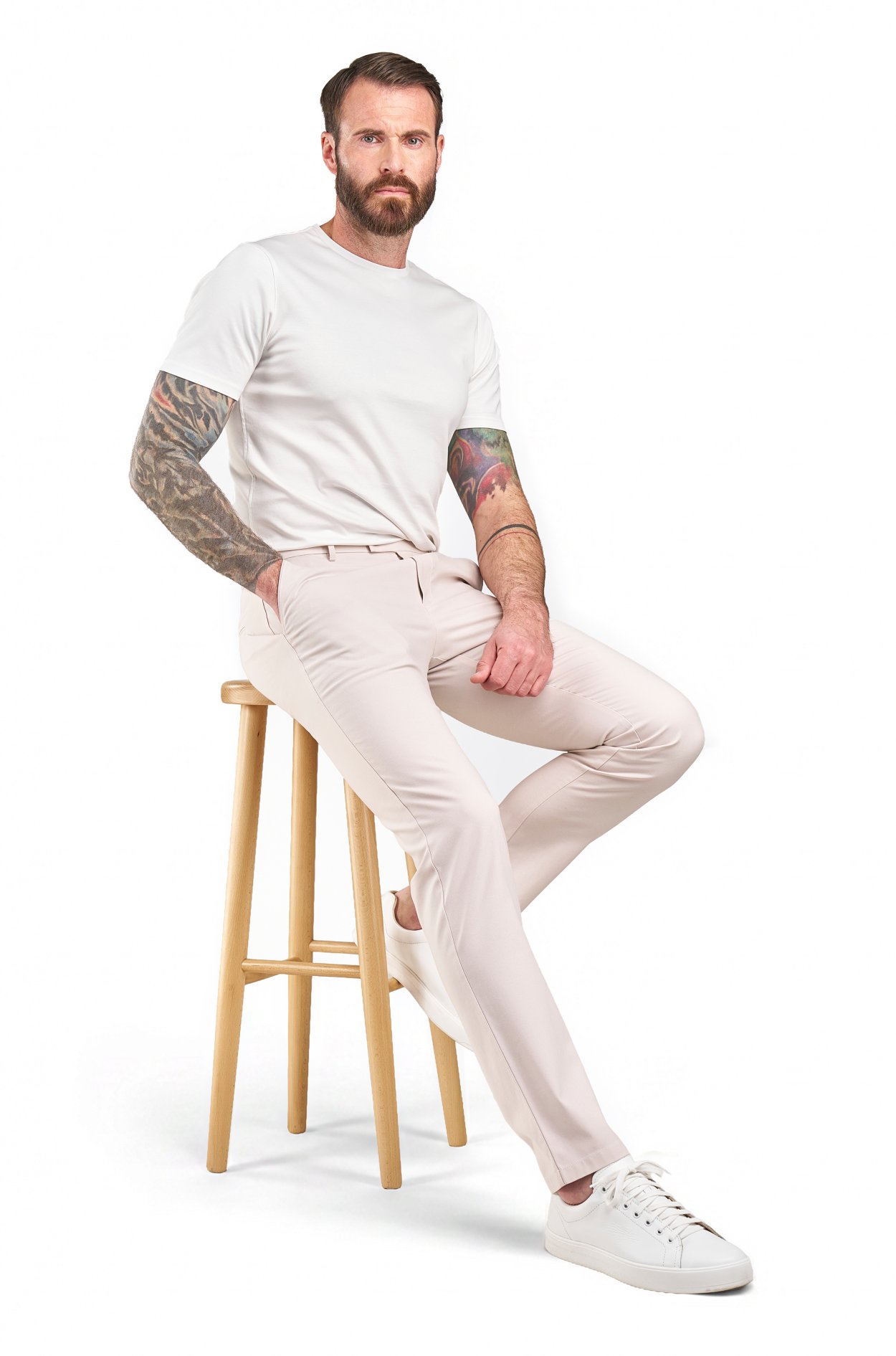 Krémové non-iron bavlněné kalhoty Thomas