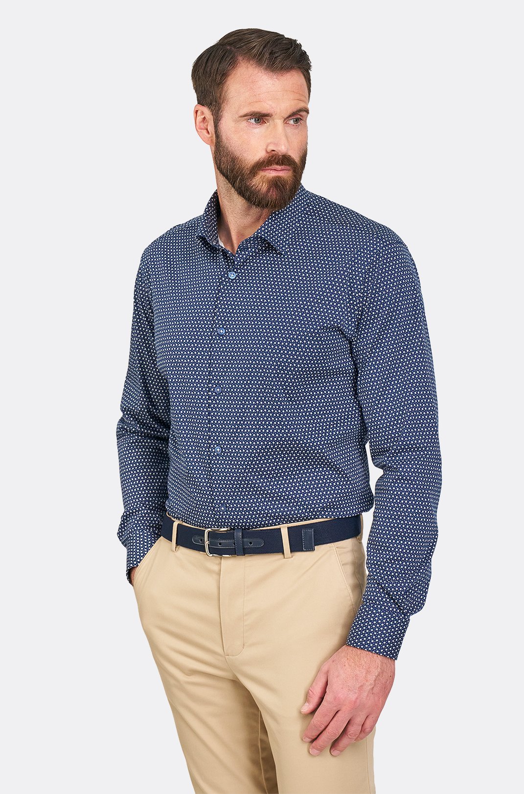 Pánská tmavě modrá strečová košile s geometrickým vzorem