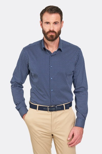 Tmavě modrá strečová košile s geometrickým vzorem