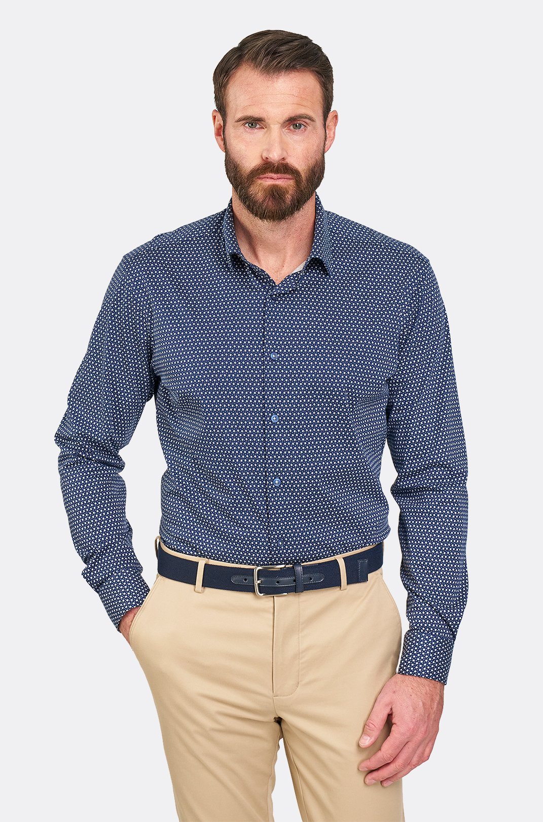 Pánská tmavě modrá strečová košile s geometrickým vzorem