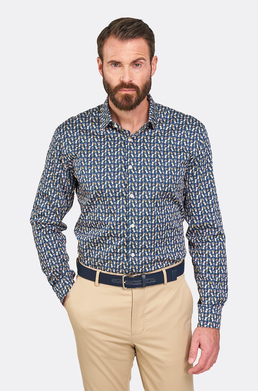 Pánská tmavě modrá strečová košile se vzorem