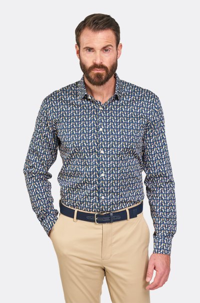 Tmavě modrá strečová košile se vzorem