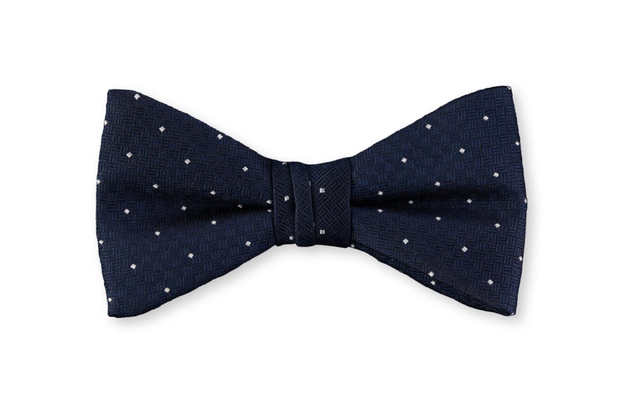 Tmavě modrý hedvábný motýlek s puntíkem