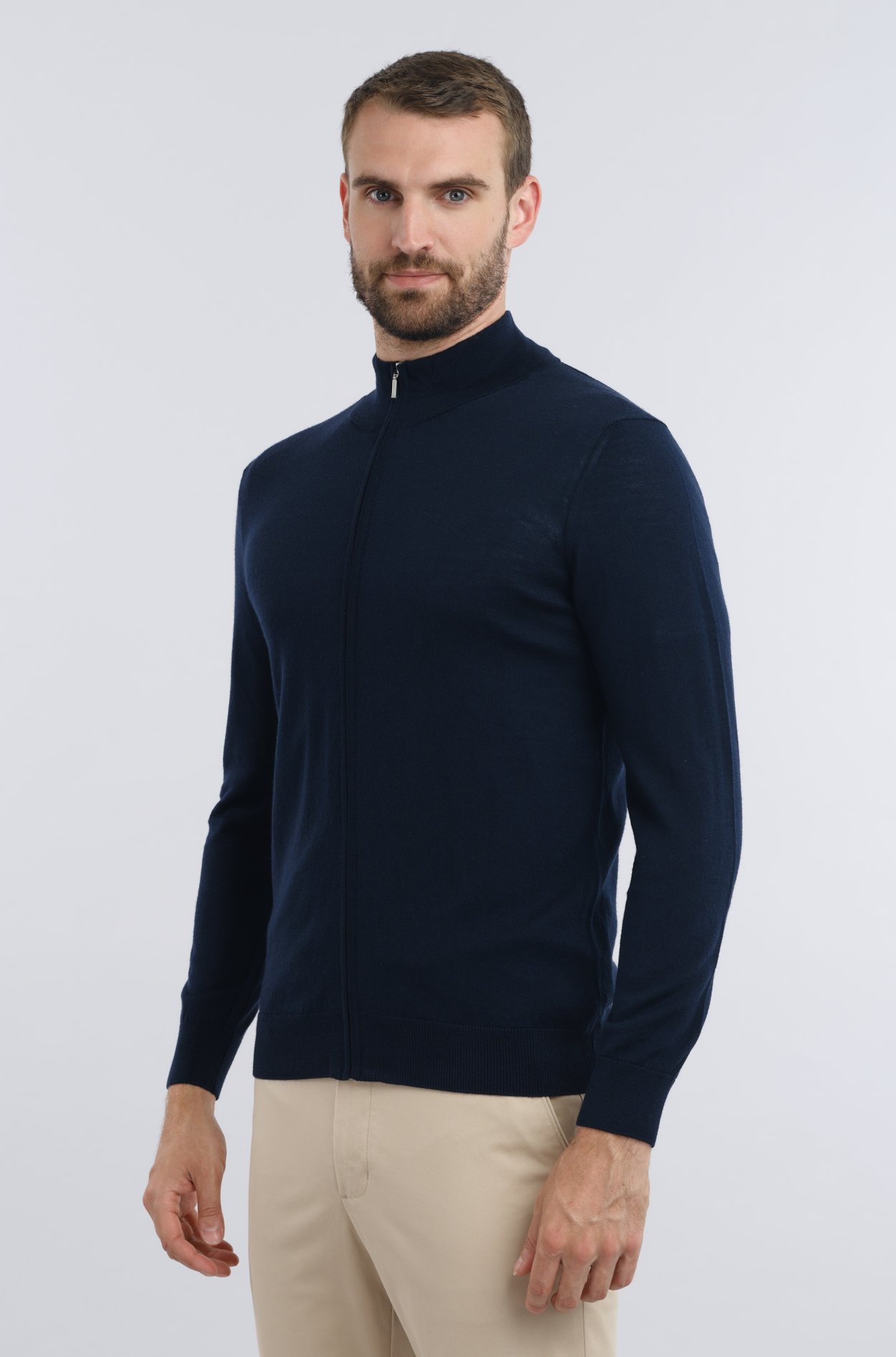 Tmavě modrý merino svetr na zip Selby