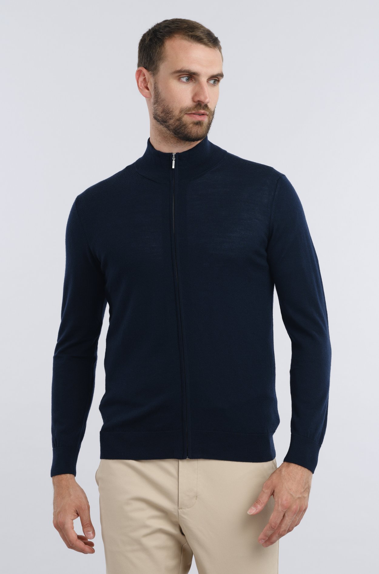 Tmavě modrý merino svetr na zip Selby