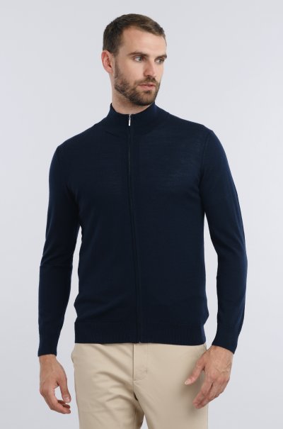 Tmavě modrý merino svetr na zip Selby