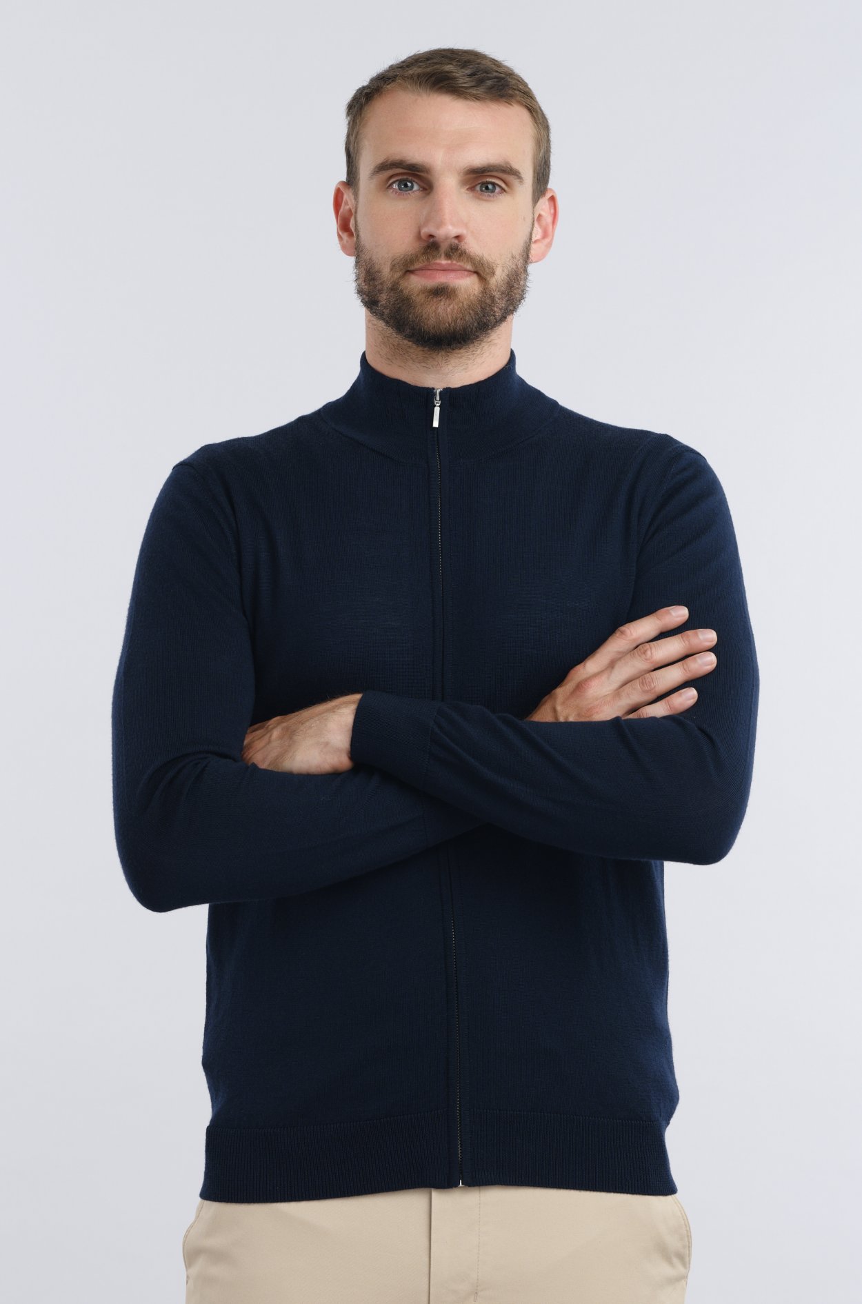 Tmavě modrý merino svetr na zip Selby